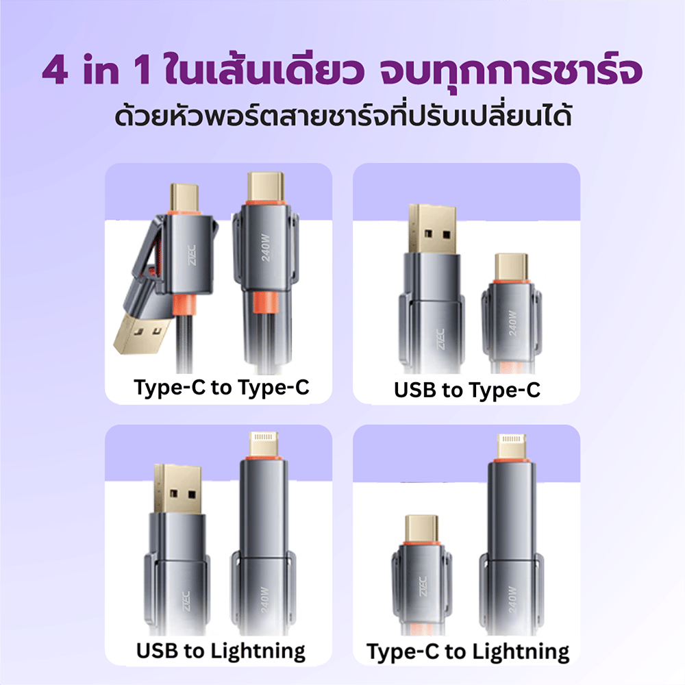 สายชาร์จไนลอนถัก ZTEC ZM421 4-IN-1 รองรับชาร์จเร็ว 240W (สลับเปลี่ยนหัวได้)